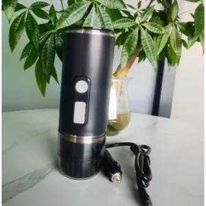 Portable Espressomaschine, kompatibel mit Kapseln und Kaffeepulver.